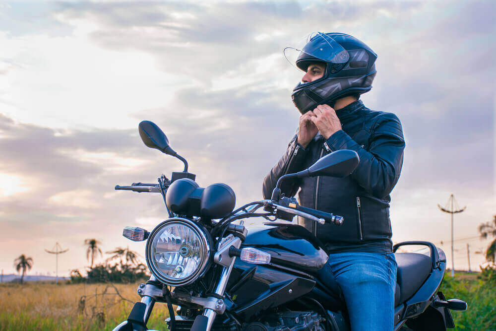 Rider wearing helmet for safety.