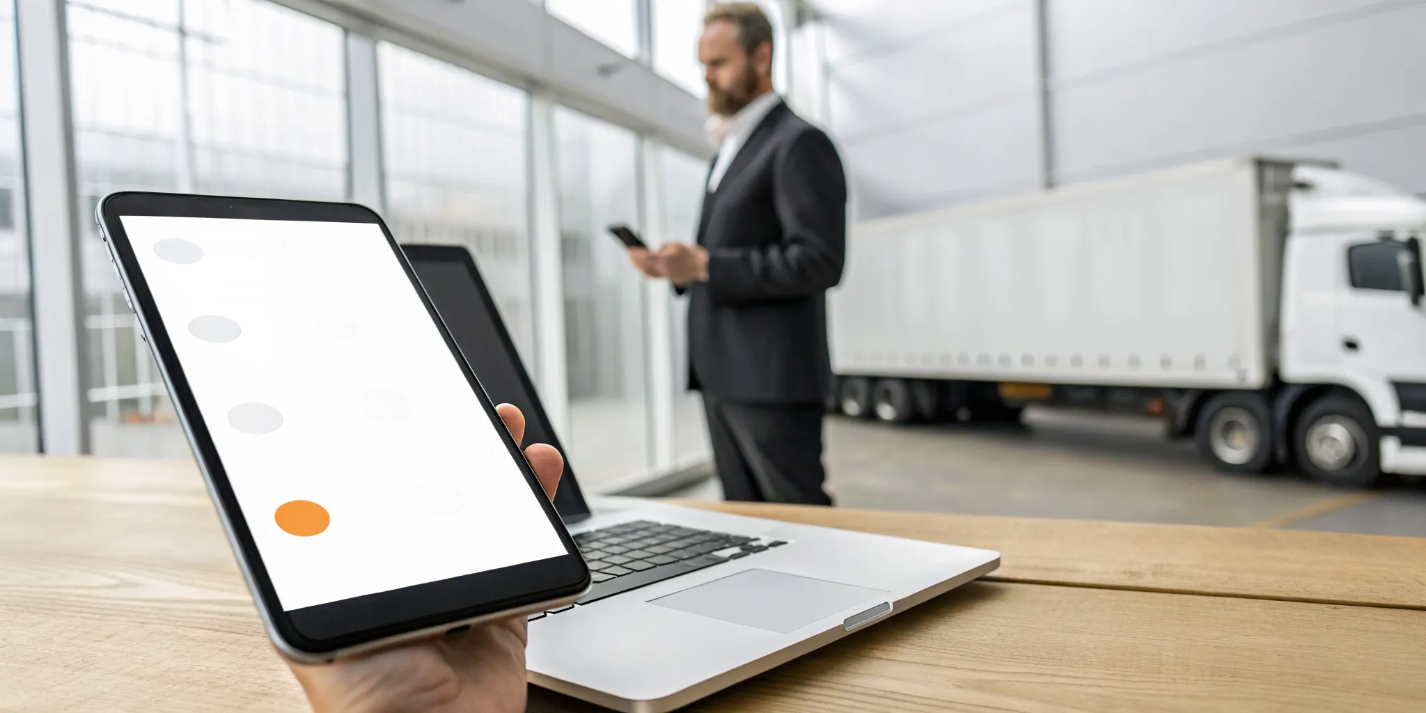 Person on a tablet learning how to report a truck driver with a semi-truck in the background.
