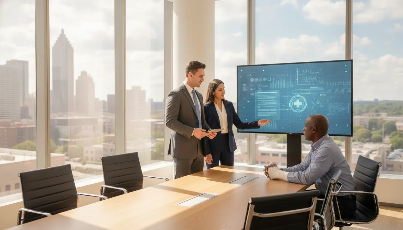 Professionals discuss burn injury lawsuit evidence in a Georgia office with medical records on screen.