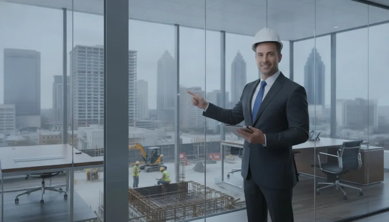 Construction accident attorney overlooking workers and equipment at an active city construction site.